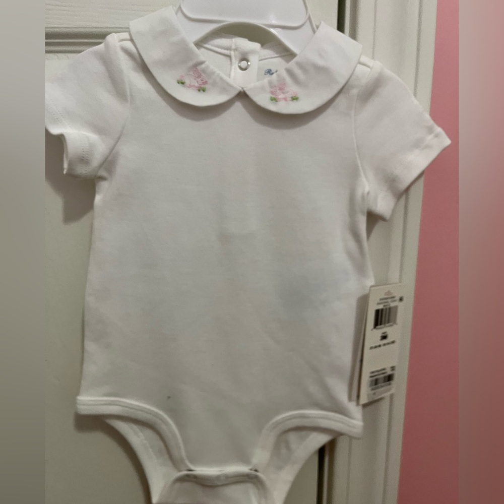 Baby Ralph Lauren onesie white with pink bunny detail on collar size 3 mos new